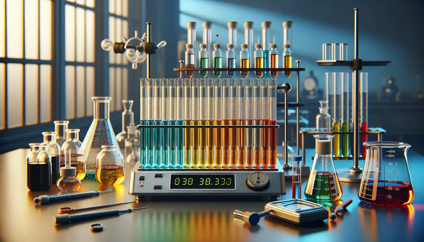 Laboratorio scientifico con provette colorate su supporto metallico, agitatore magnetico con becher e cronometro digitale, bruciatore Bunsen acceso.
