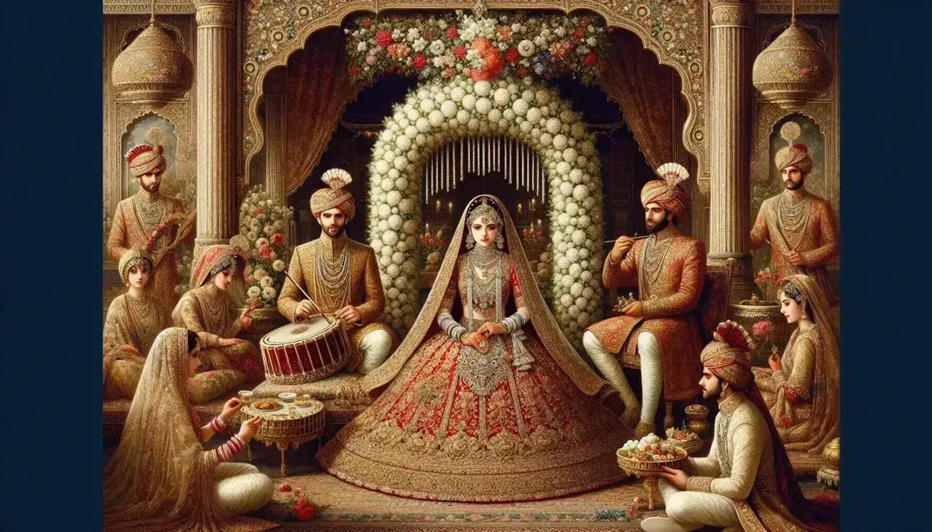 Traditional Mughal wedding scene with bride in red lehenga, groom in embroidered sherwani, musicians, and a banquet of Mughal cuisine.
