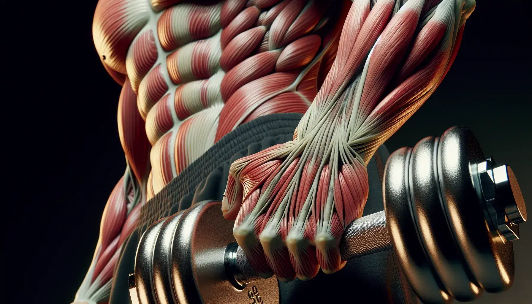Fibra muscolare scheletrica striata durante esercizio fisico con mano che afferra manubrio metallico, evidenziando vascolarizzazione e tensione muscolare.
