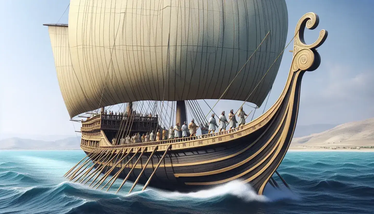 Nave fenicia antica naviga in mare con vela beige tesa e equipaggio in tuniche, su sfondo di cielo azzurro e costa lontana.