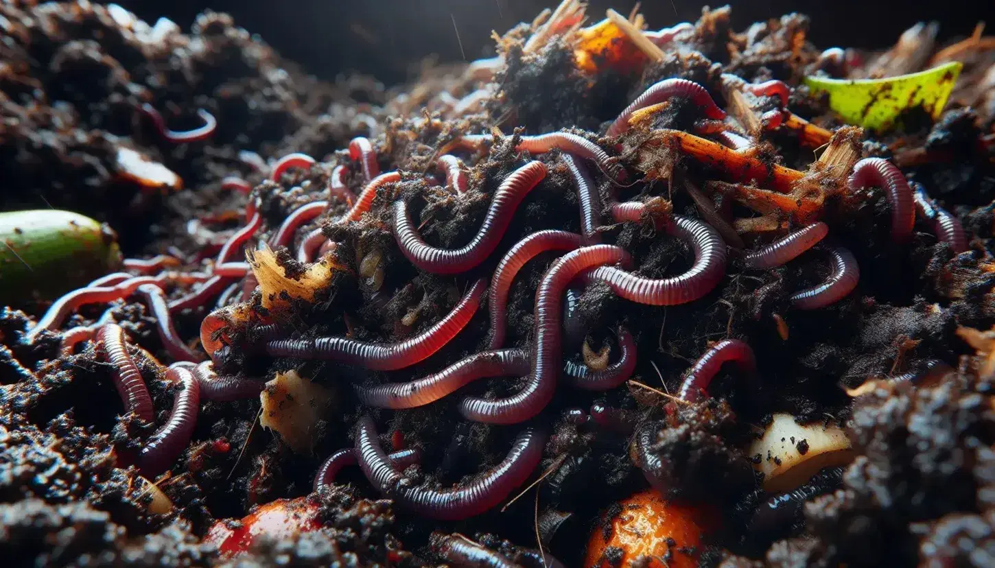Primer plano de lombrices rojas composteras (Eisenia fetida) entre restos orgánicos en un montón de compost húmedo y oscuro, iluminado por luz natural.