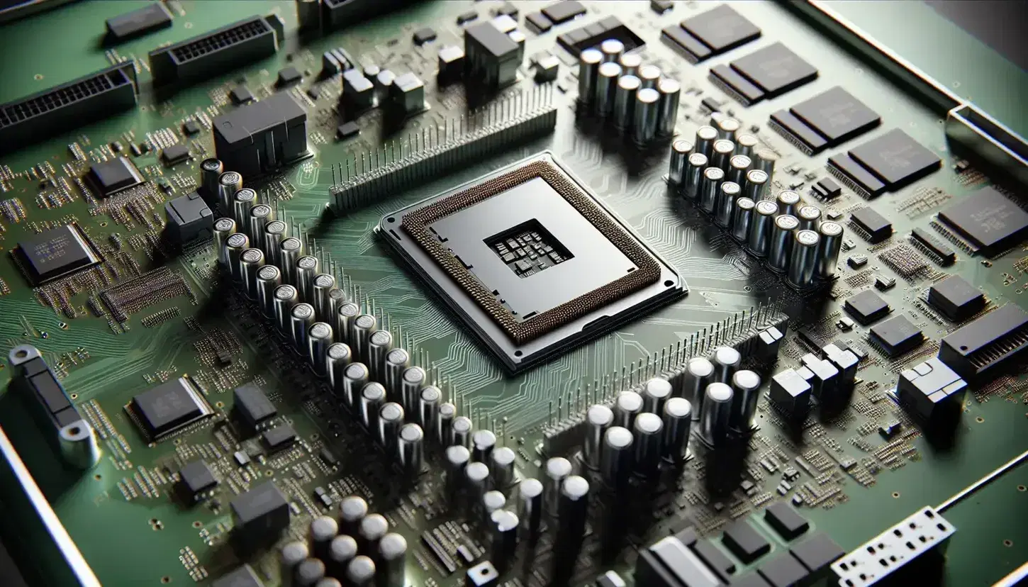 Close-up of a motherboard with a silver CPU, black ICs, cylindrical capacitors and gold paths on a green base.