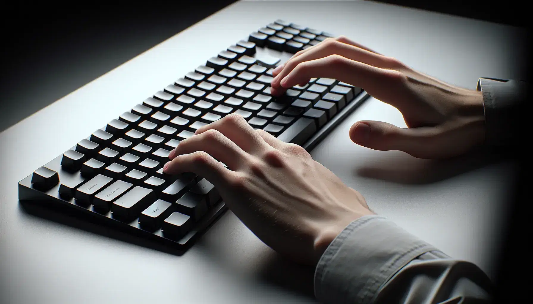 Close-up of an ergonomic computer keyboard with hands positioned for typing, soft lighting and modern black and white design.