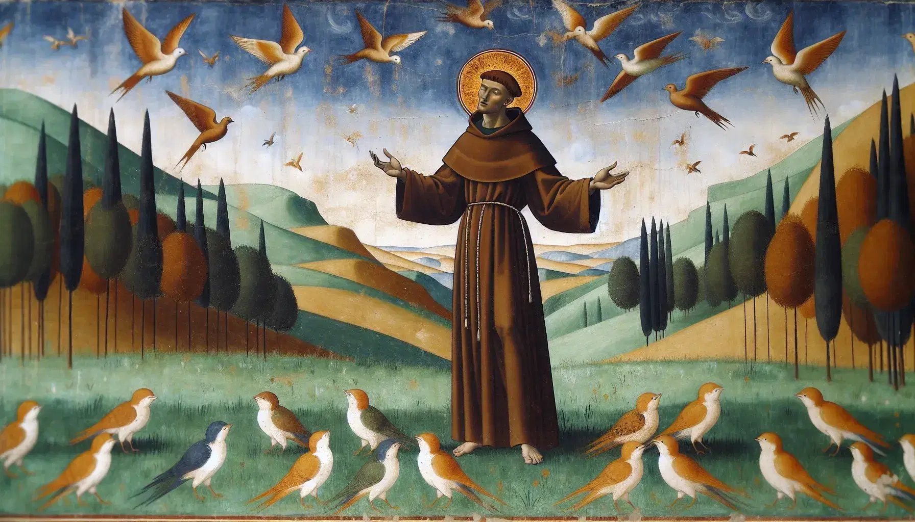 Affresco di Giotto 'Predica di San Francesco agli uccelli', con San Francesco in abito marrone e aureola dorata, circondato da uccelli su sfondo collinare.
