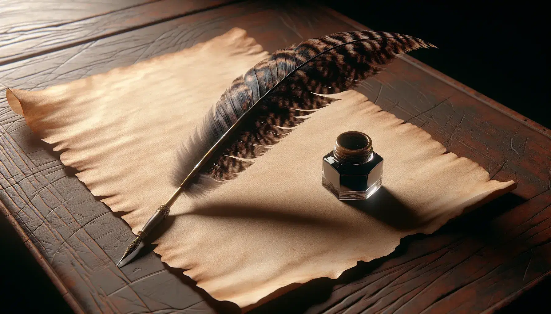 Quill pen on blank parchment with open brass inkwell on a polished dark wooden desk, warm lighting accentuating rich textures and colors.