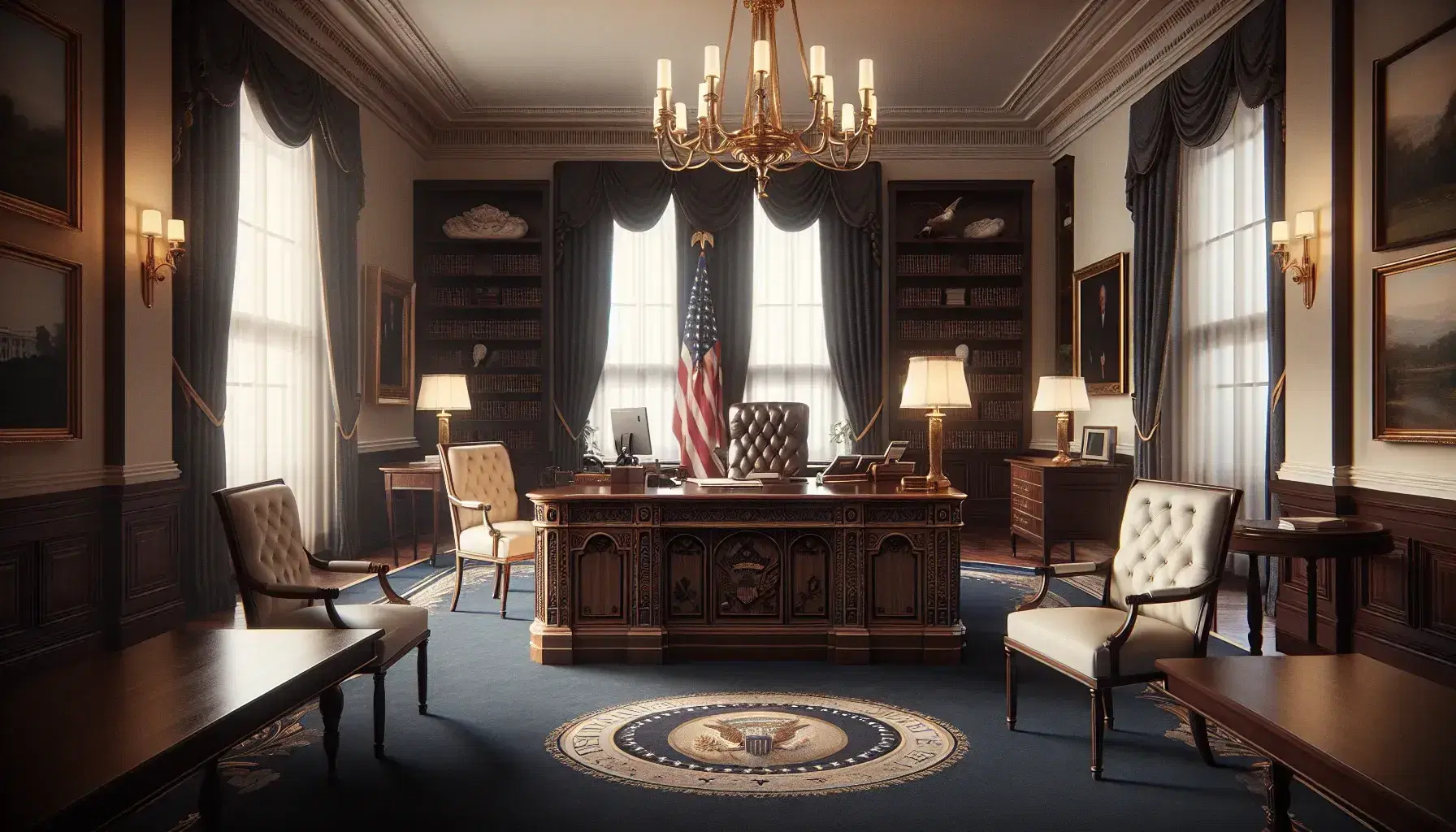 Elegant Oval Office-inspired room with a large dark wood desk, high-backed leather chair, national flag, cream chairs, gold-curtained windows, and a fireplace.