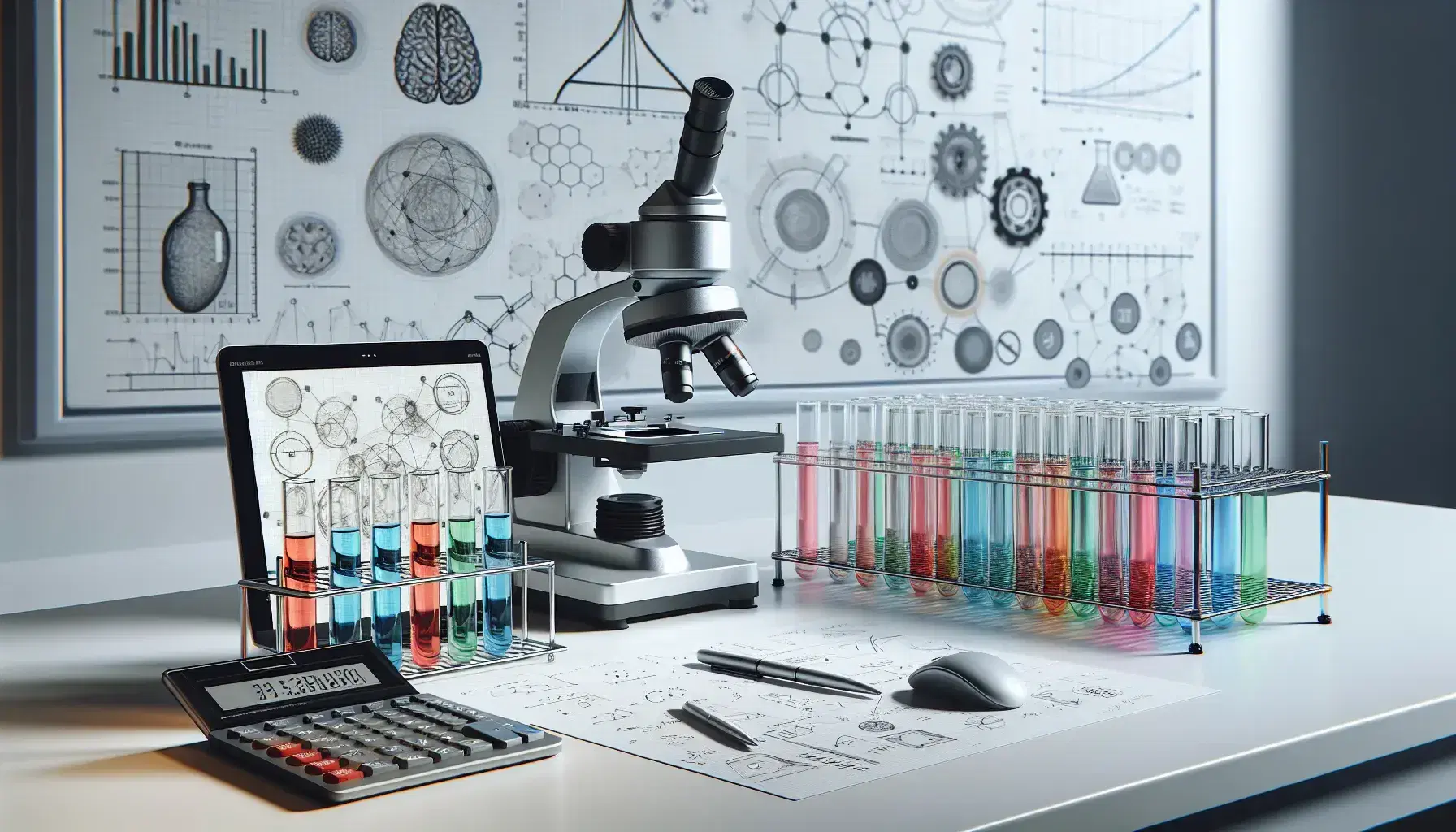 Laboratorio moderno con microscopio electrónico, tubos de ensayo con líquidos de colores, portátil cerrado, calculadora científica y gráficos en papel y pizarra.