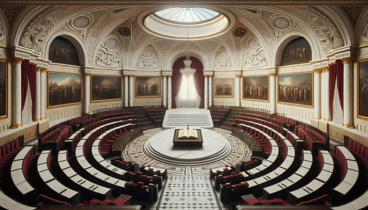 Sala assembleare antica con banchi semicircolari in legno, sedie imbottite rosse, podio in marmo, affreschi storici e lampadari di cristallo.