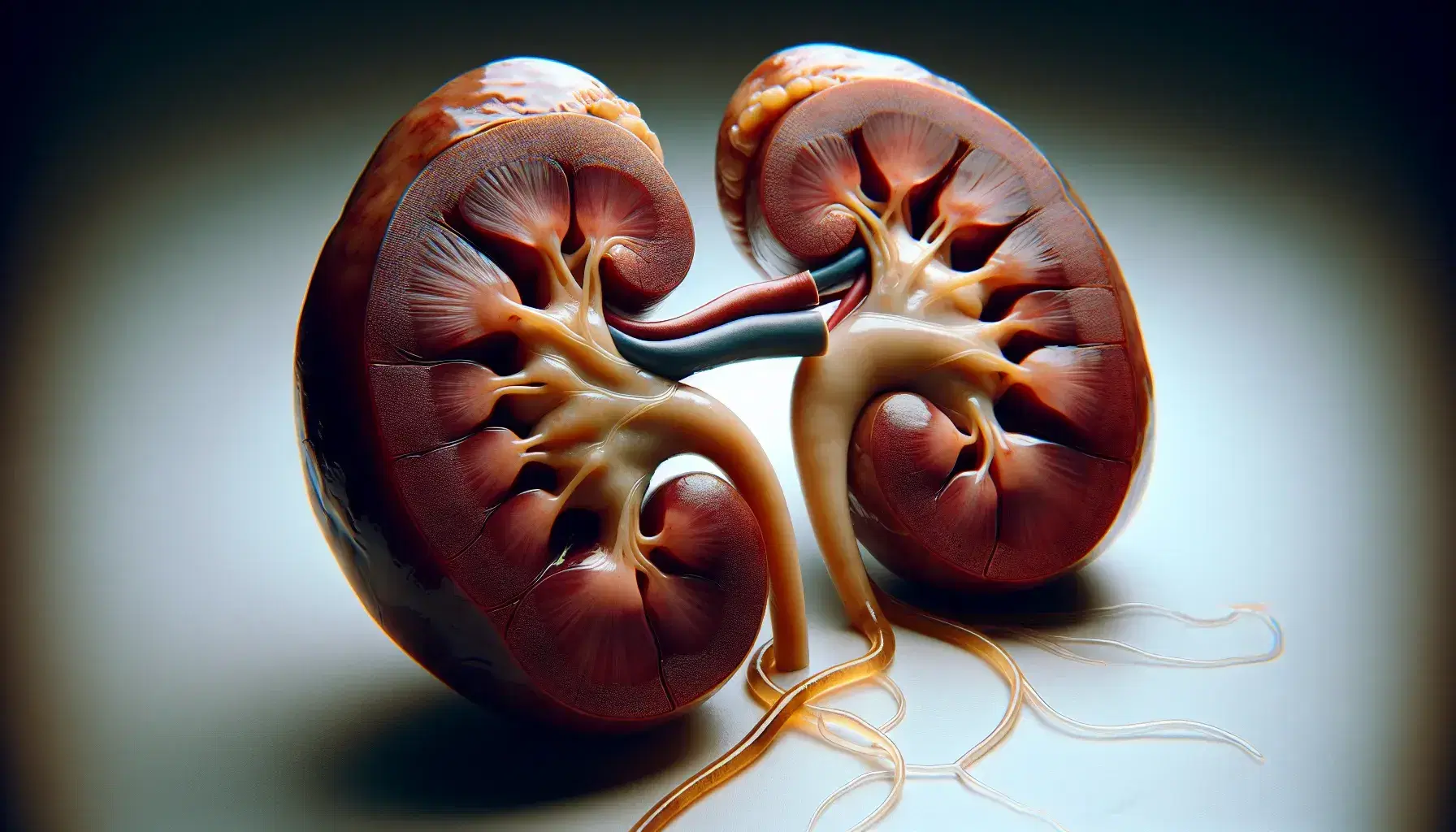 Riñones humanos reales con glándulas suprarrenales en superficie clara, mostrando la textura lisa y el hilum renal de donde se extienden los uréteres.