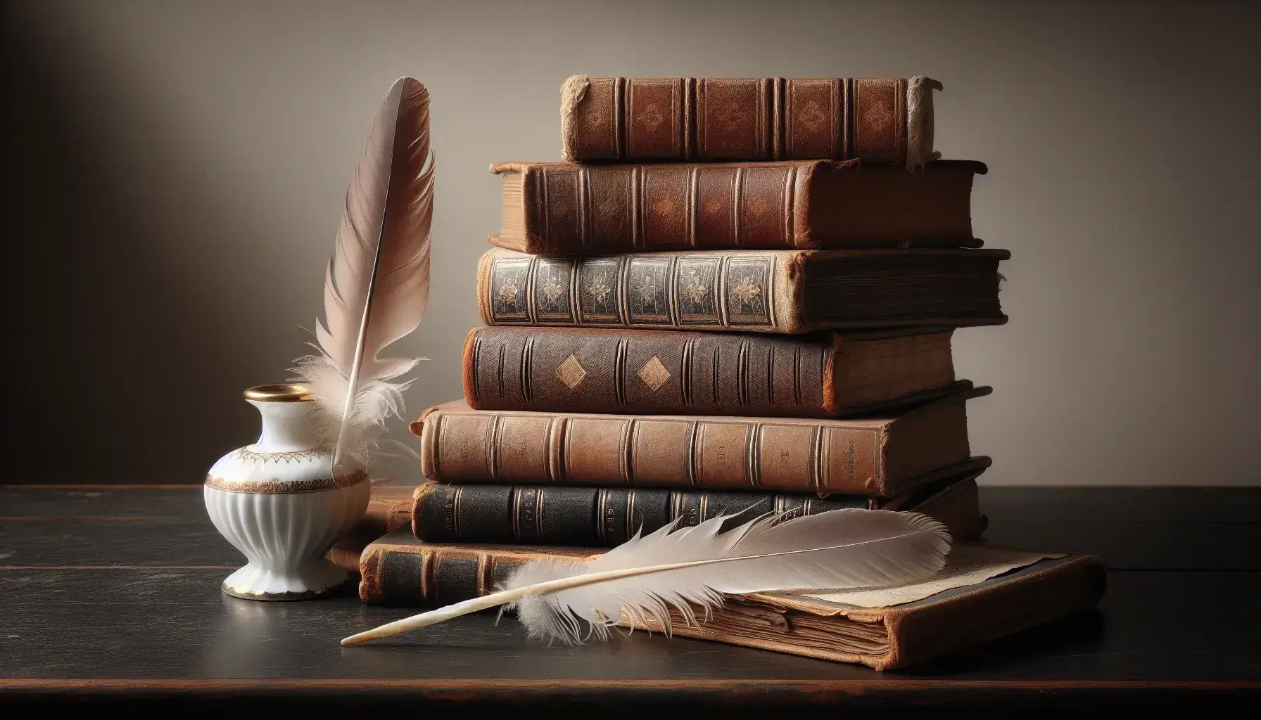 Libros antiguos de cuero apilados en mesa de madera oscura con pluma de ave y tintero de porcelana blanca con bordes dorados, iluminados por luz suave.