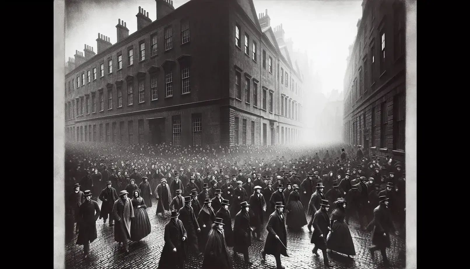 Folla in abiti d'epoca del XIX secolo su strada acciottolata con edifici antichi in sfondo, foto in bianco e nero.
