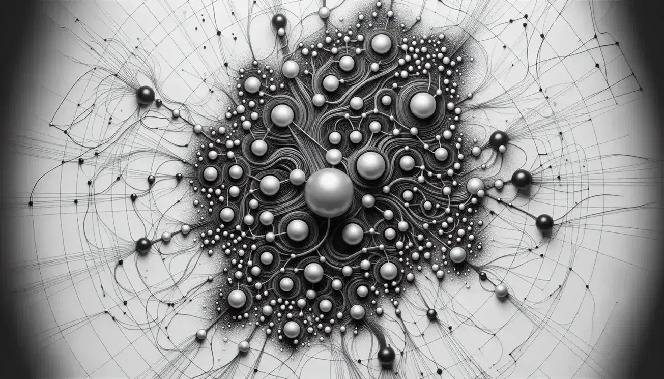 Complex network illustration with a central circular node, radiating black pathways, metallic spheres, on a white background with subtle grid lines.