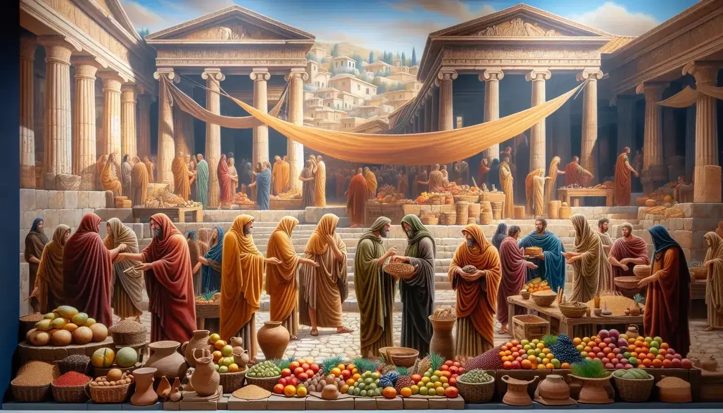 Escena animada de un mercado mediterráneo antiguo con figuras en túnicas intercambiando productos, puestos con frutas, verduras y cerámicas, bajo un cielo azul claro.
