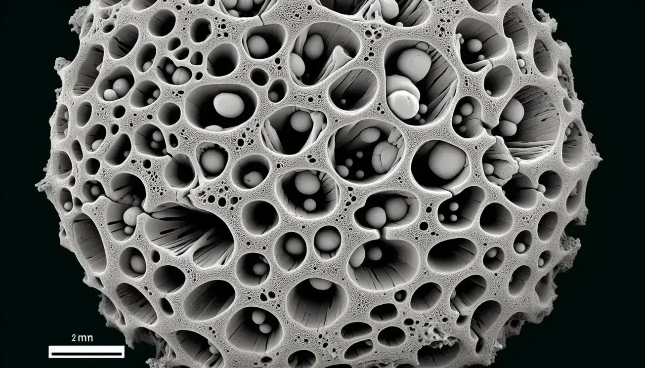 Microscopía electrónica de barrido muestra la superficie de un fragmento óseo humano con canales y cavidades de osteocitos en detalle.