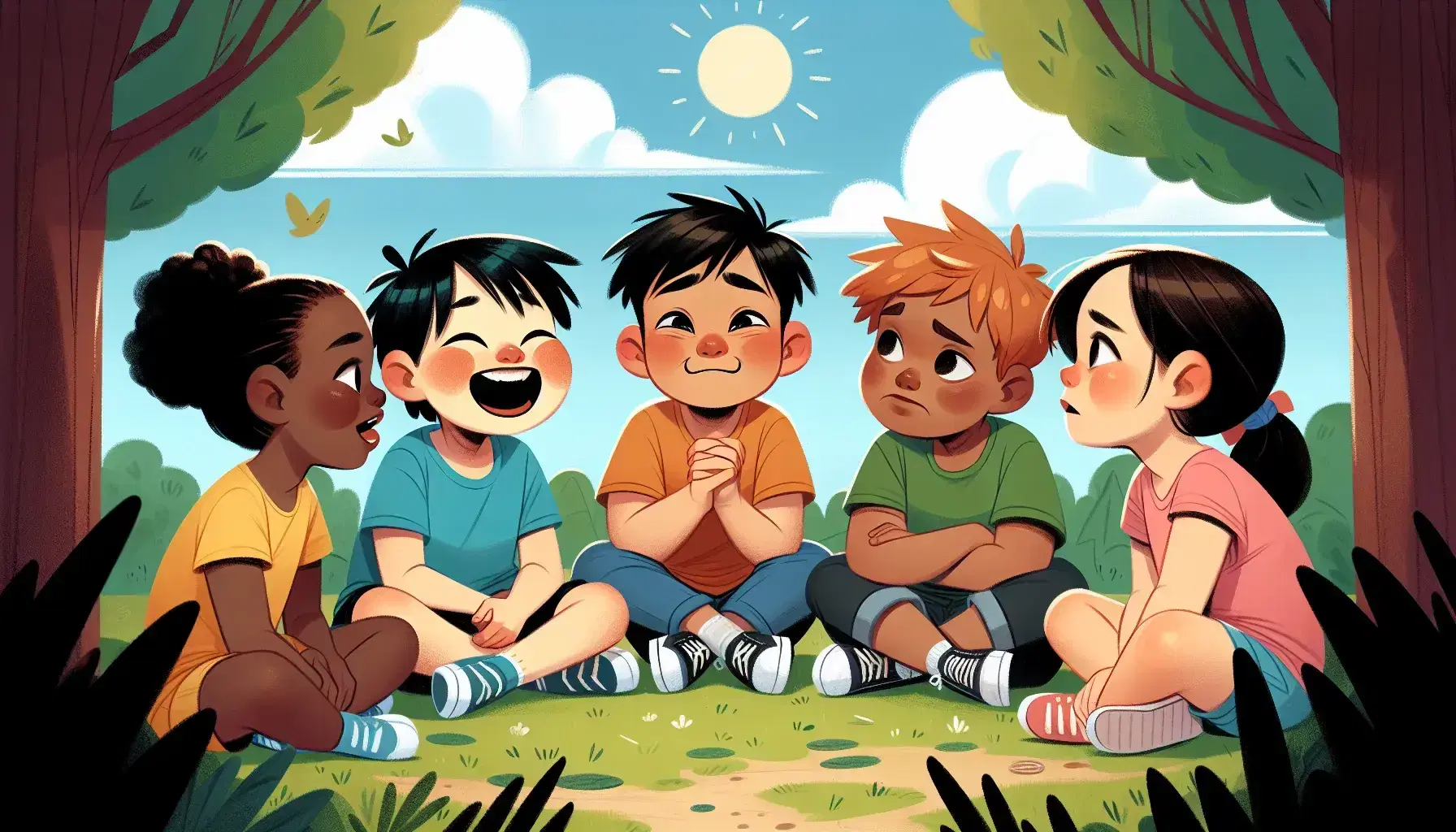 Bambini multietnici seduti in cerchio su un prato, con espressioni di gioia, sorpresa, riflessione, tristezza e frustrazione, sotto alberi e cielo azzurro.