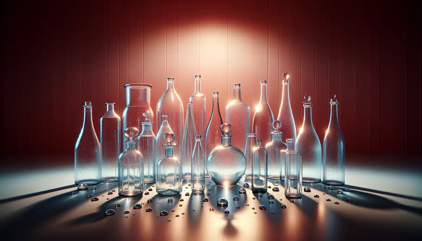 Colección de botellas de vidrio transparente de distintas formas y tamaños sobre superficie clara con gotas de agua y fondo rojo intenso.
