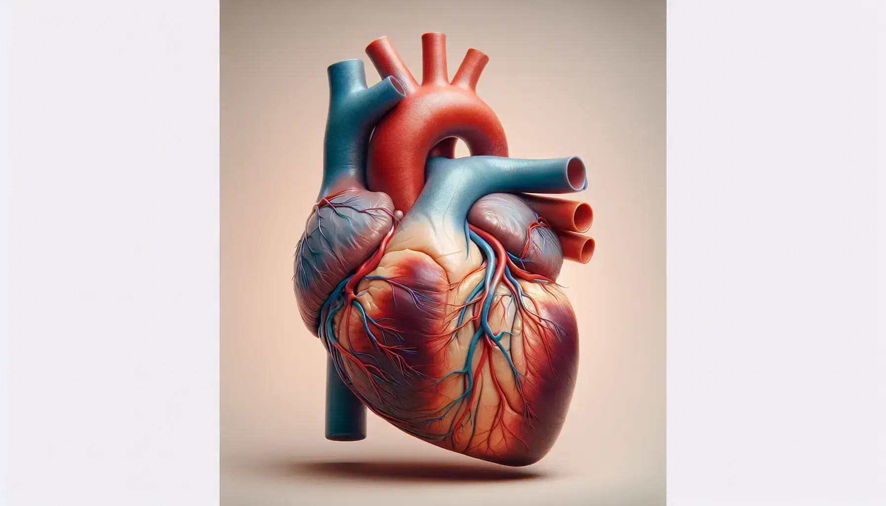 Representación detallada y a color del corazón humano con cámaras, válvulas y vasos sanguíneos principales en fondo neutro, ideal para fines educativos en anatomía cardiovascular.