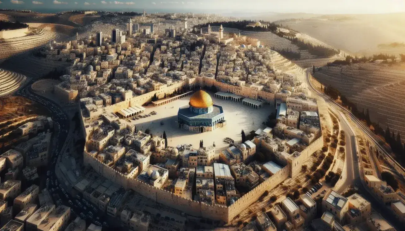 Veduta aerea di Gerusalemme con la Cupola della Roccia al centro, circondata dalle mura antiche e quartieri moderni, sotto un cielo sereno.