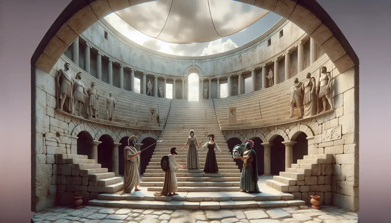 Scena teatrale greca antica con attori in costume che rappresentano Creonte, Antigone e un guerriero su palcoscenico di pietra sotto cielo azzurro.