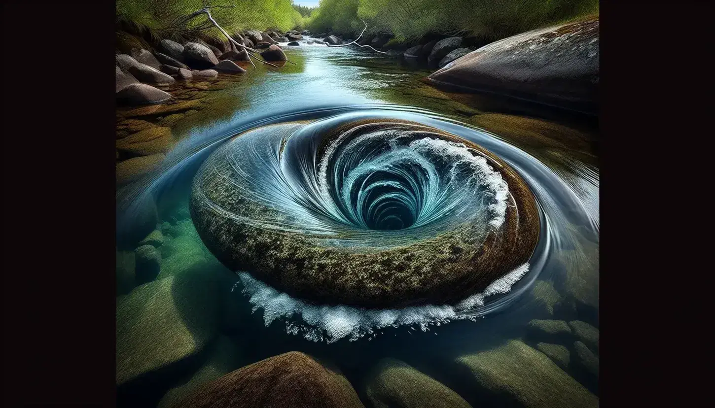 Flusso d'acqua turbolento in un ruscello con roccia ovale centrale, vortice visibile, riflessi blu-verdi e rive erbose.
