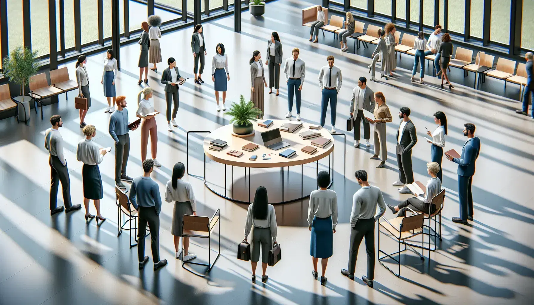 Grupo diverso de profesionales colaborando en una oficina moderna alrededor de una mesa circular con un portátil y material de oficina.