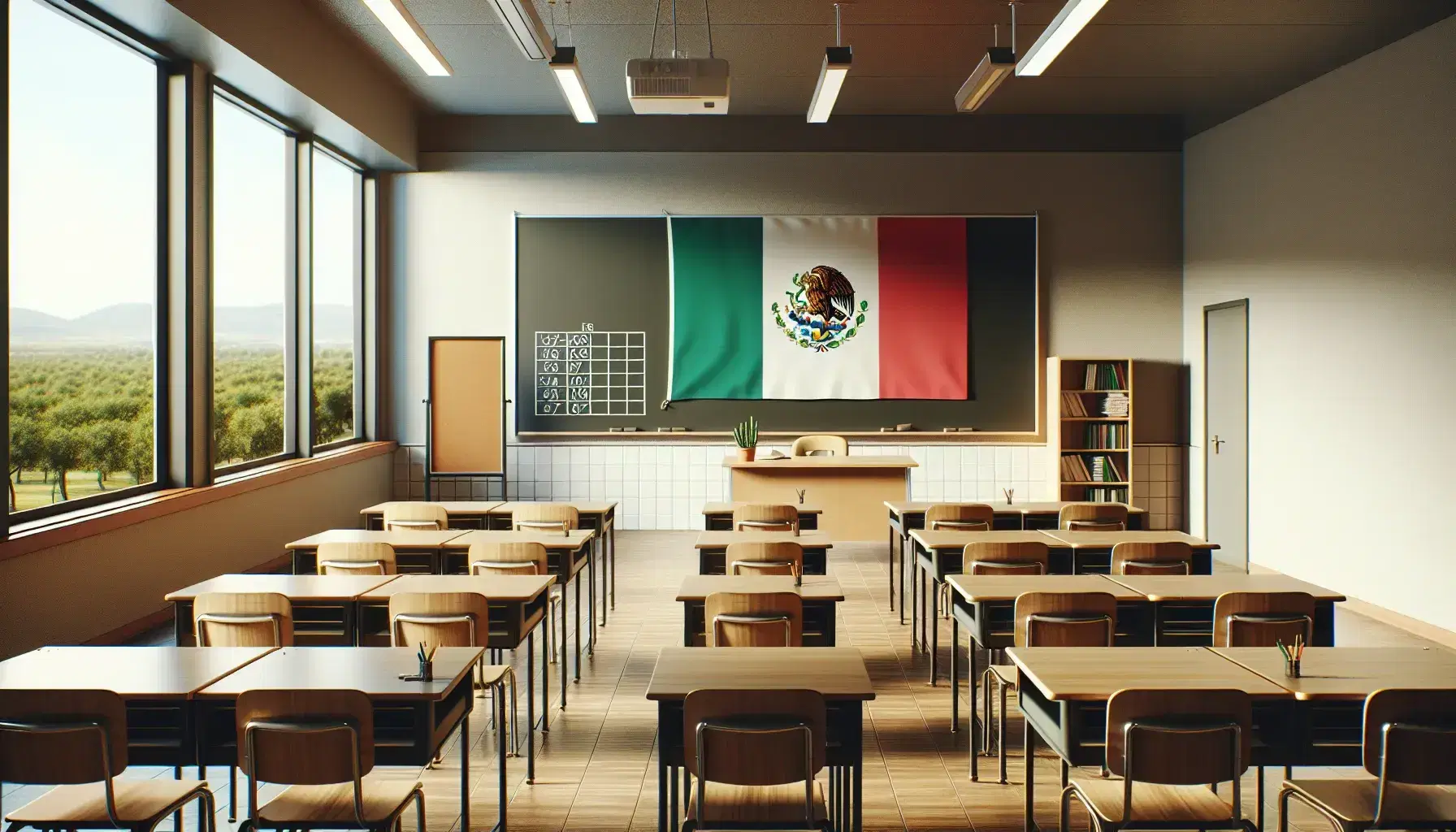 Aula espaciosa y luminosa con filas de pupitres de madera, pizarra negra al frente y bandera de México al lado, ventana al fondo con vista a árboles y cielo azul.