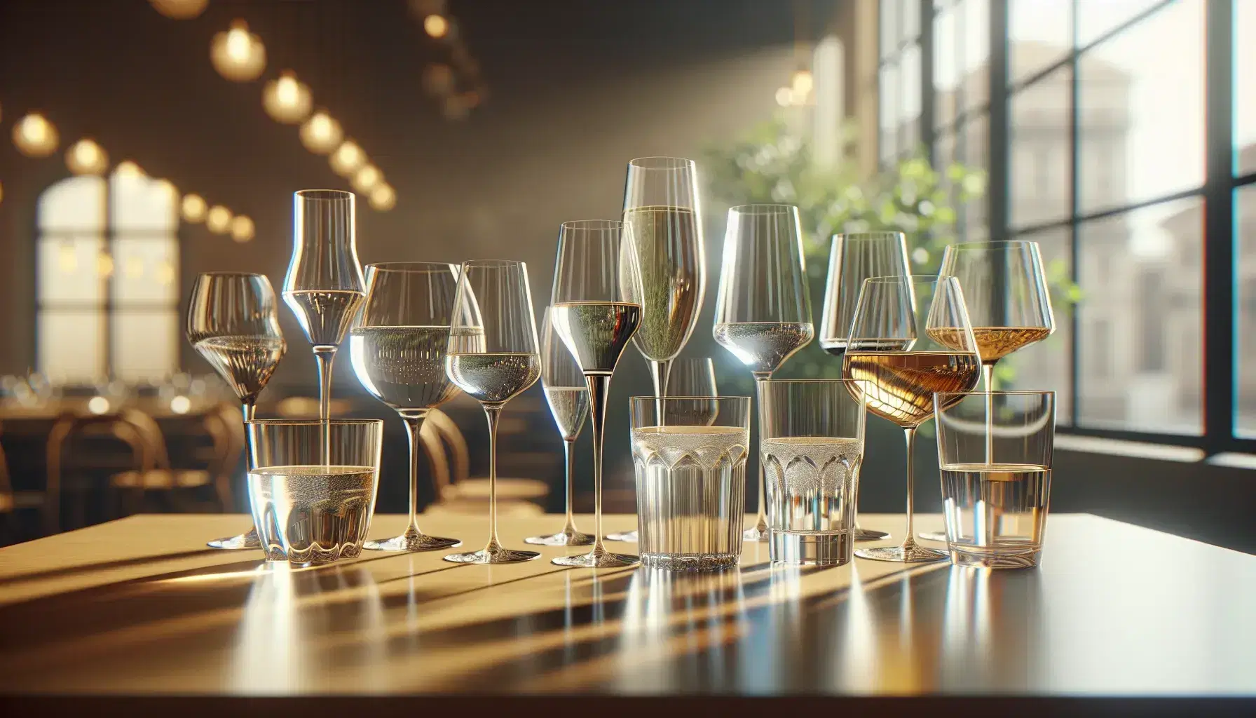 Assorted glasses with clear liquid on a wooden table in a softly lit bistro, with reflections and shadows adding to the cozy ambiance.