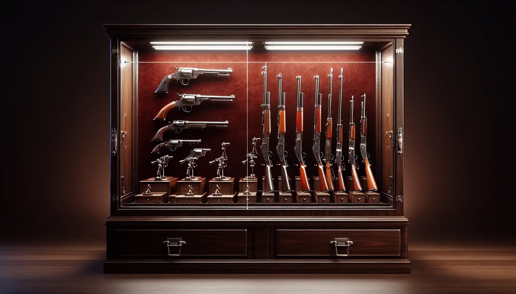 Vitrina de madera oscura con puertas de cristal que exhibe colección de armas de fuego antiguas en soportes, iluminación superior y fondo rojo aterciopelado.
