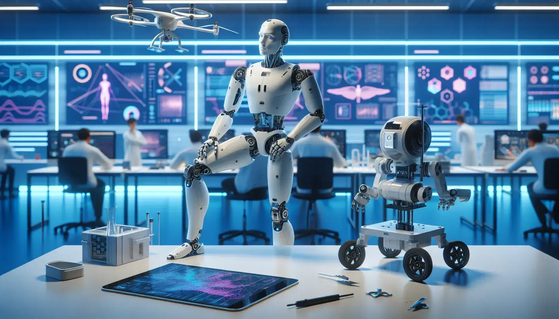 Robot antropomorfo in laboratorio di ricerca con ingegnere, drone e dispositivi tecnologici su tavoli bianchi, illuminazione soffusa.