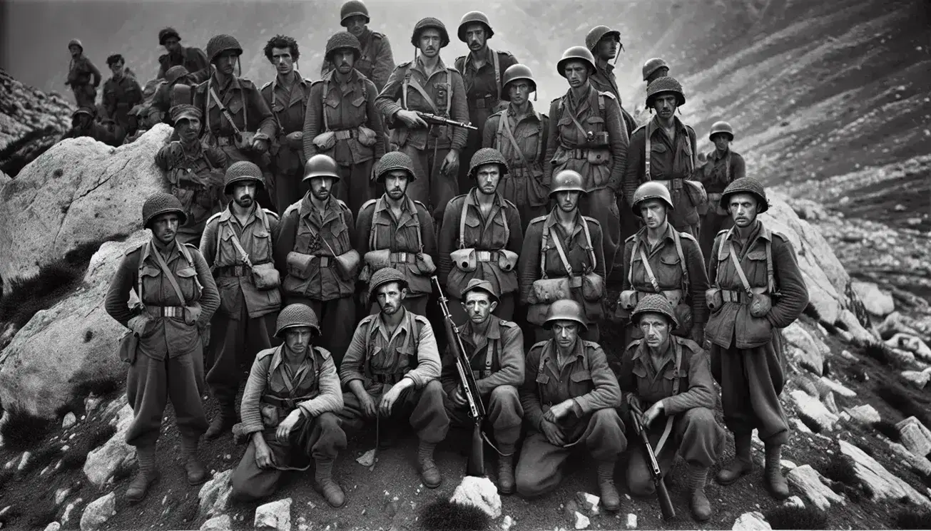 Soldati italiani in uniforme della Seconda Guerra Mondiale su terreno roccioso, alcuni guardano in lontananza, altri verso l'obiettivo.