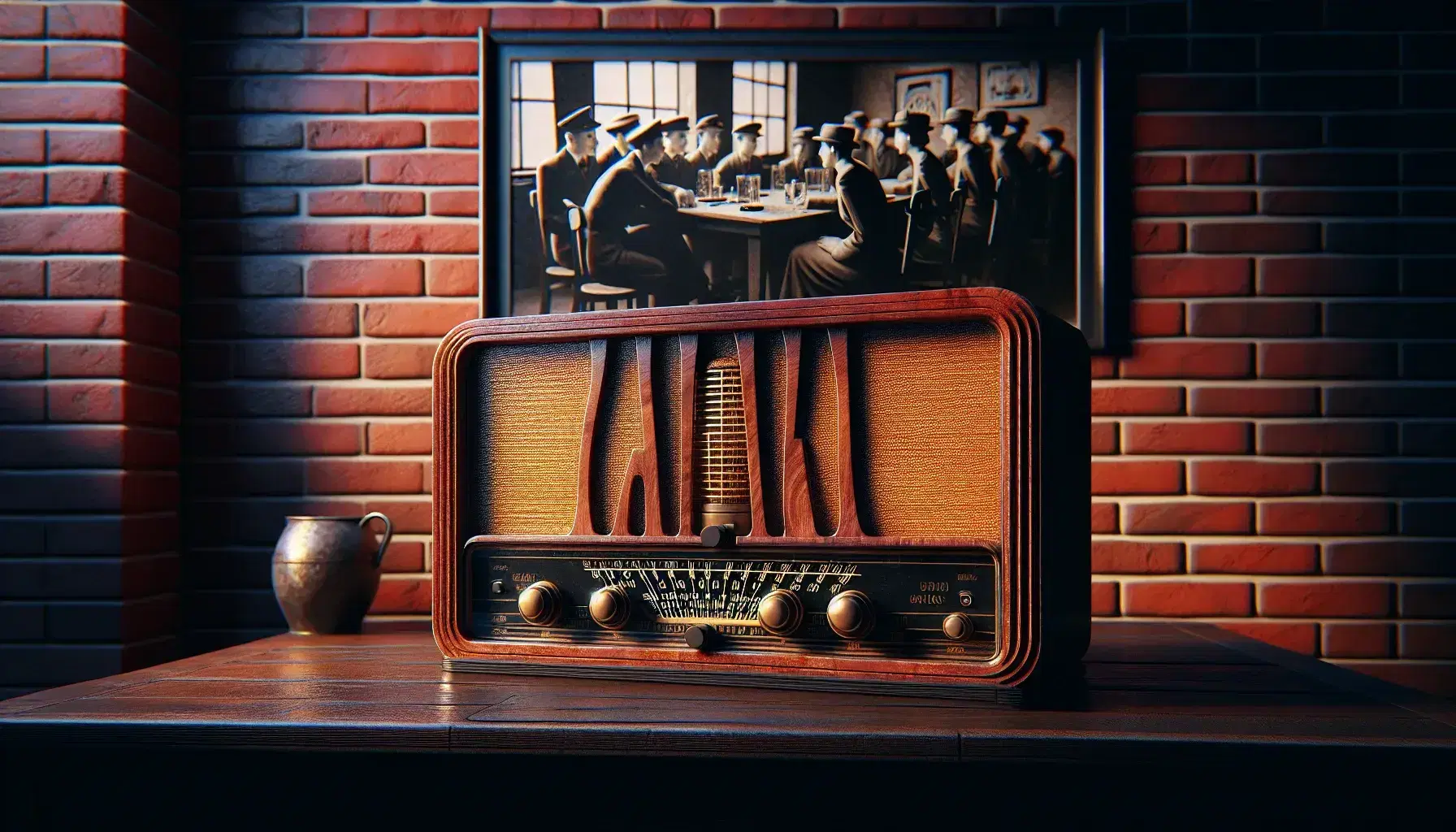 Radio d'epoca in legno su tavolo scuro con griglia metallica e manopole nere, accanto a parete di mattoni con foto in bianco e nero di persone che ascoltano la radio.