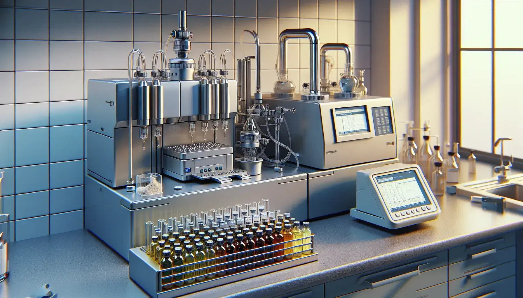 Laboratory with modern mass spectrometer in the center, test tubes with colored liquids on the left and digital scale on the right.