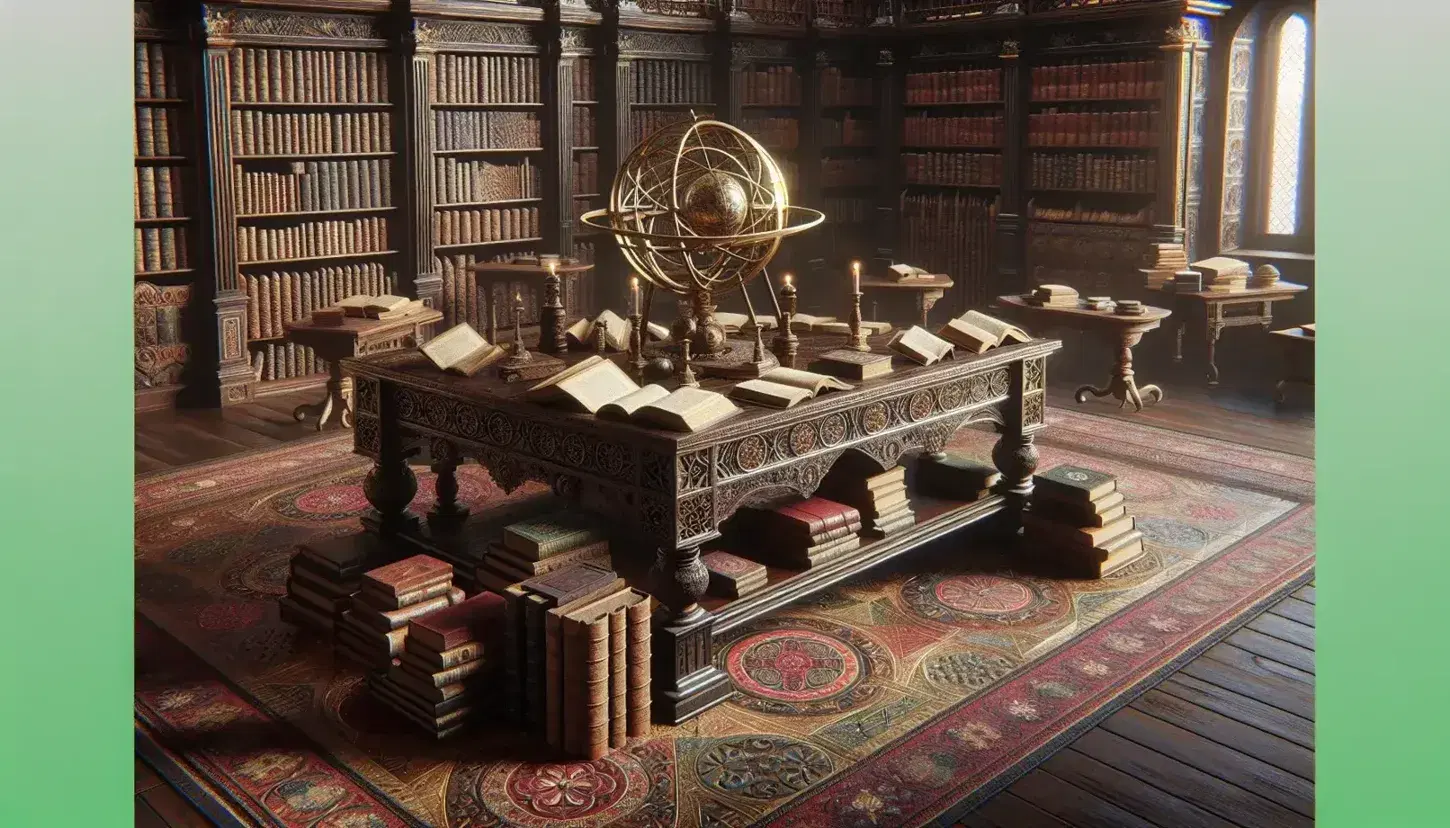 Biblioteca renacentista con mesa de madera oscura y libros antiguos, esfera armilar dorada y estantes repletos de libros, bajo una luz natural suave.