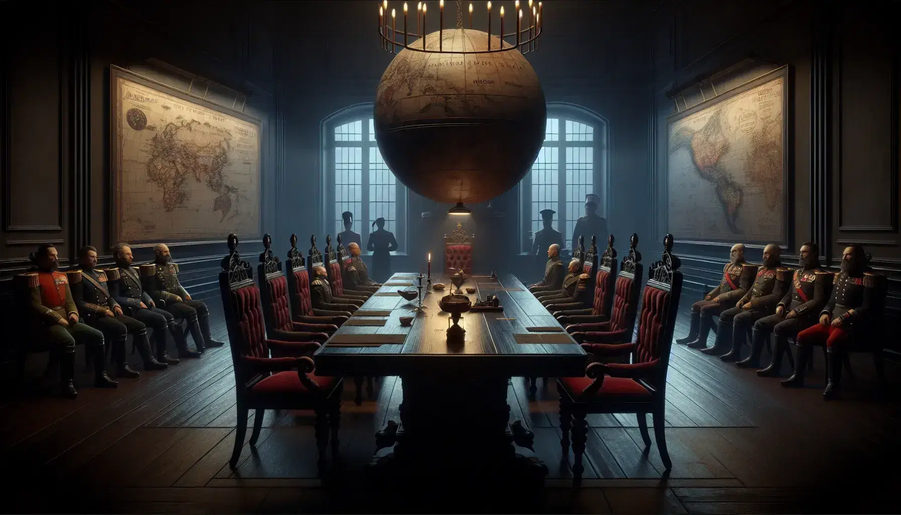 Sober room illuminated by a chandelier, with a rectangular table and chairs in dark wood and red cushions, figures in historical military uniforms and a globe.