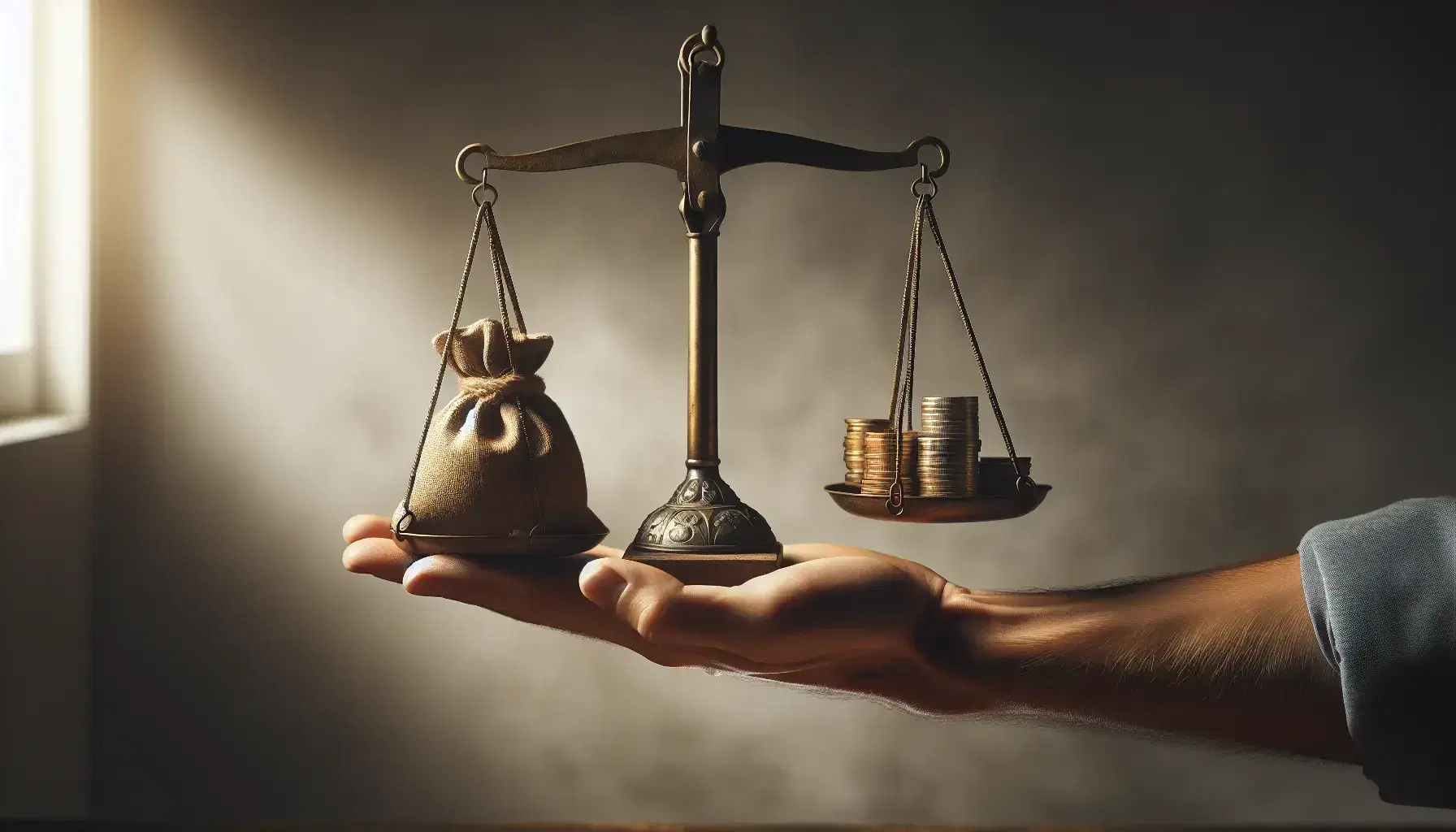 Mano masculina sosteniendo balanza de dos platos en equilibrio, con monedas de oro en un lado y bolsa marrón en el otro, sobre fondo desenfocado.