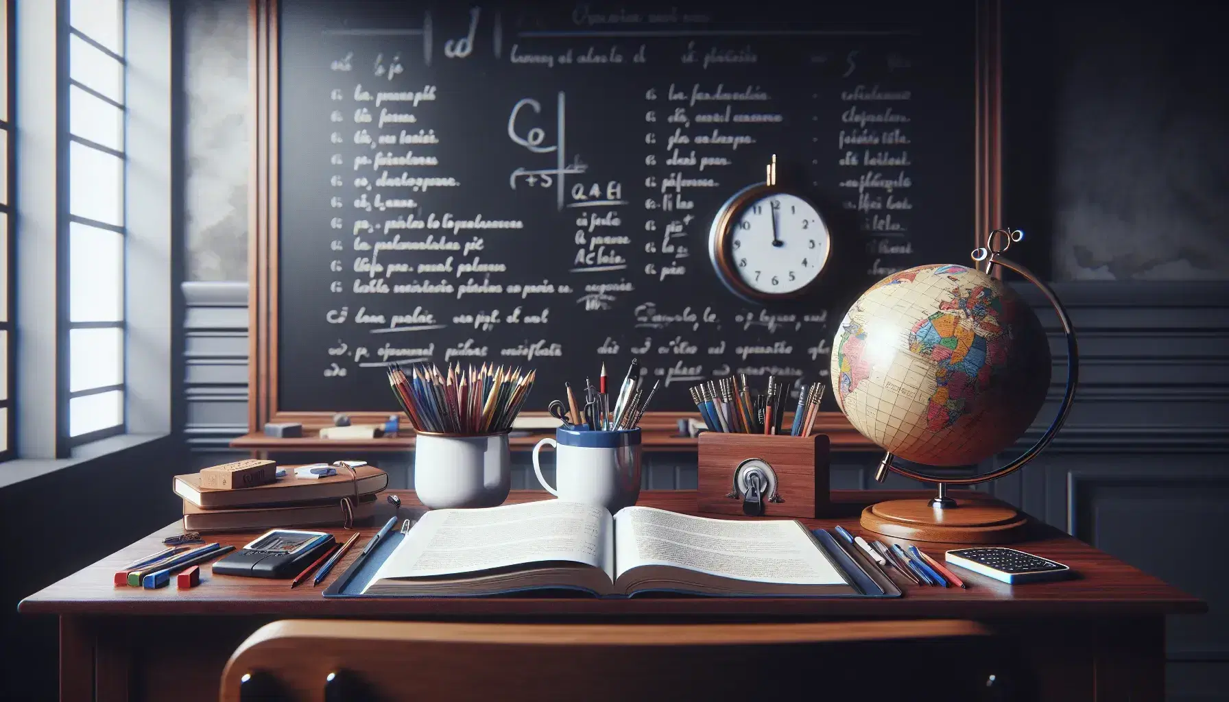 French language classroom with teacher's desk, open textbook, coffee mug, pen holder, clean chalkboard, clock, globe, plant, and rows of student desks.