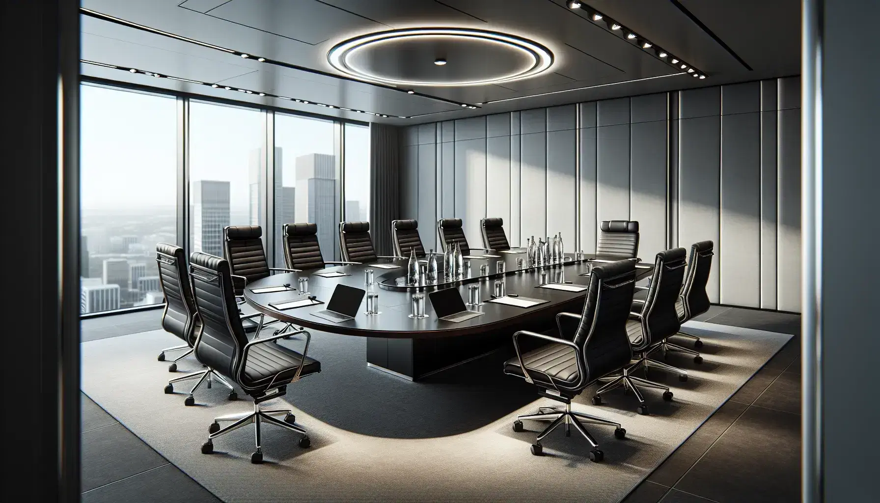 Modern conference room with oval dark wood table, black leather chairs, laptops, water bottles, and notepads, lit by natural and recessed lighting.
