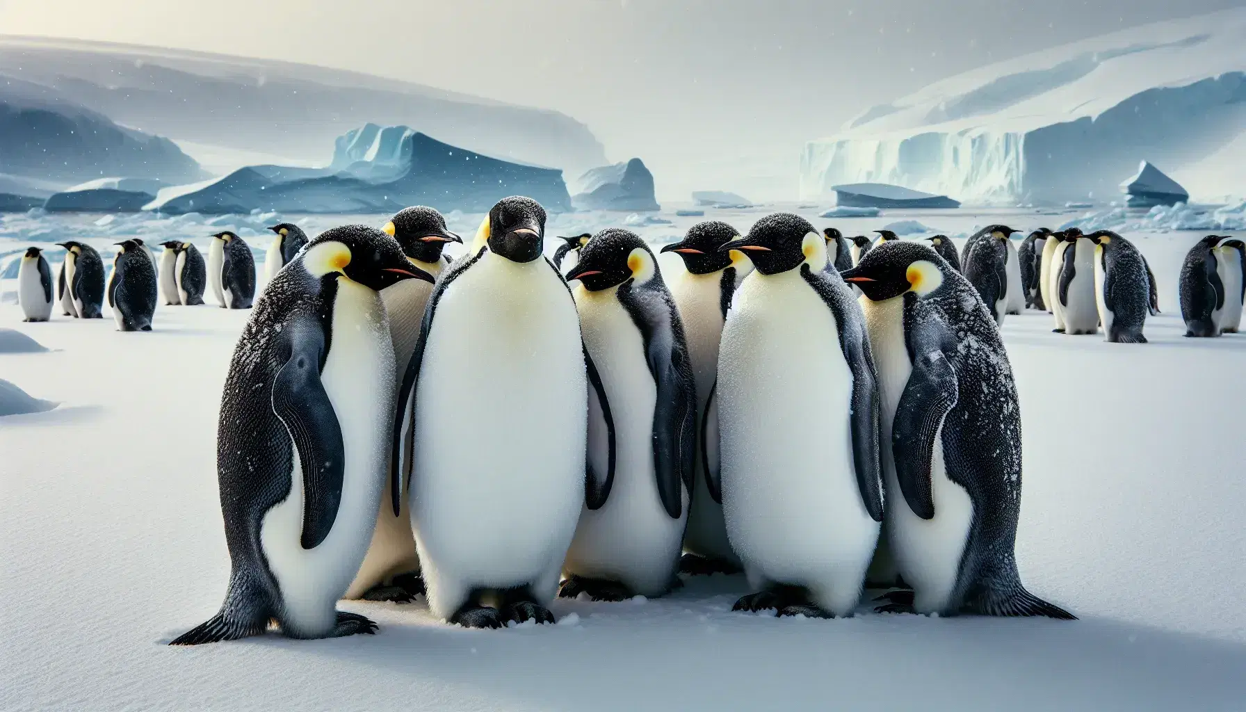 Emperor penguins huddle in a snowy landscape with light snowfall, vivid neck markings, and icebergs in the pale blue horizon.