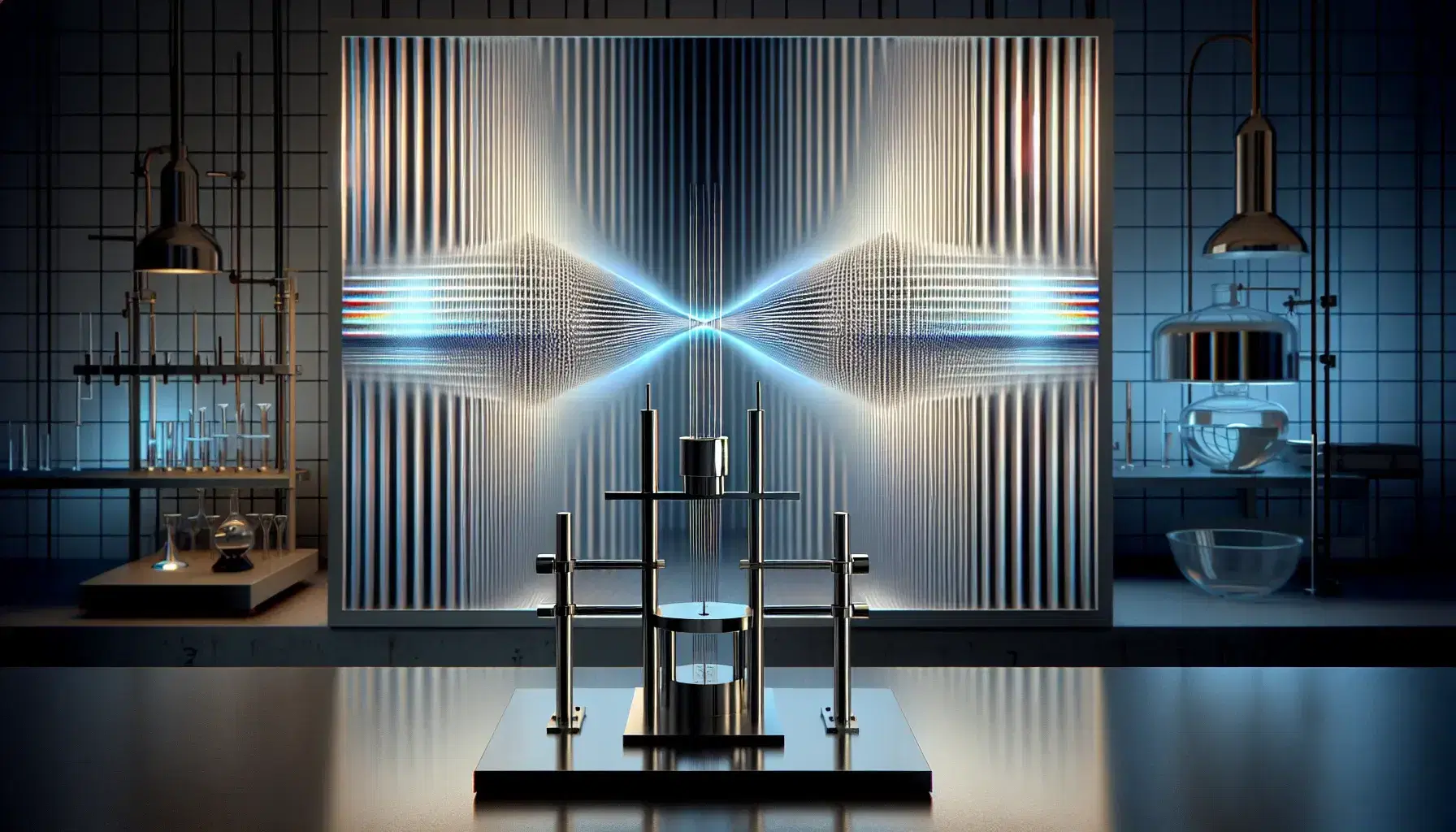 Double-slit experiment setup in a lab showing interference pattern on a screen, with a light beam passing through a glass container of liquid.