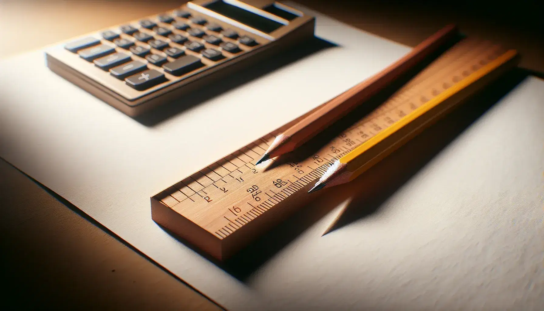 Close-up view of a wooden ruler and two crossed pencils, one gray and one yellow, on a white paper with a blurred calculator in the background.