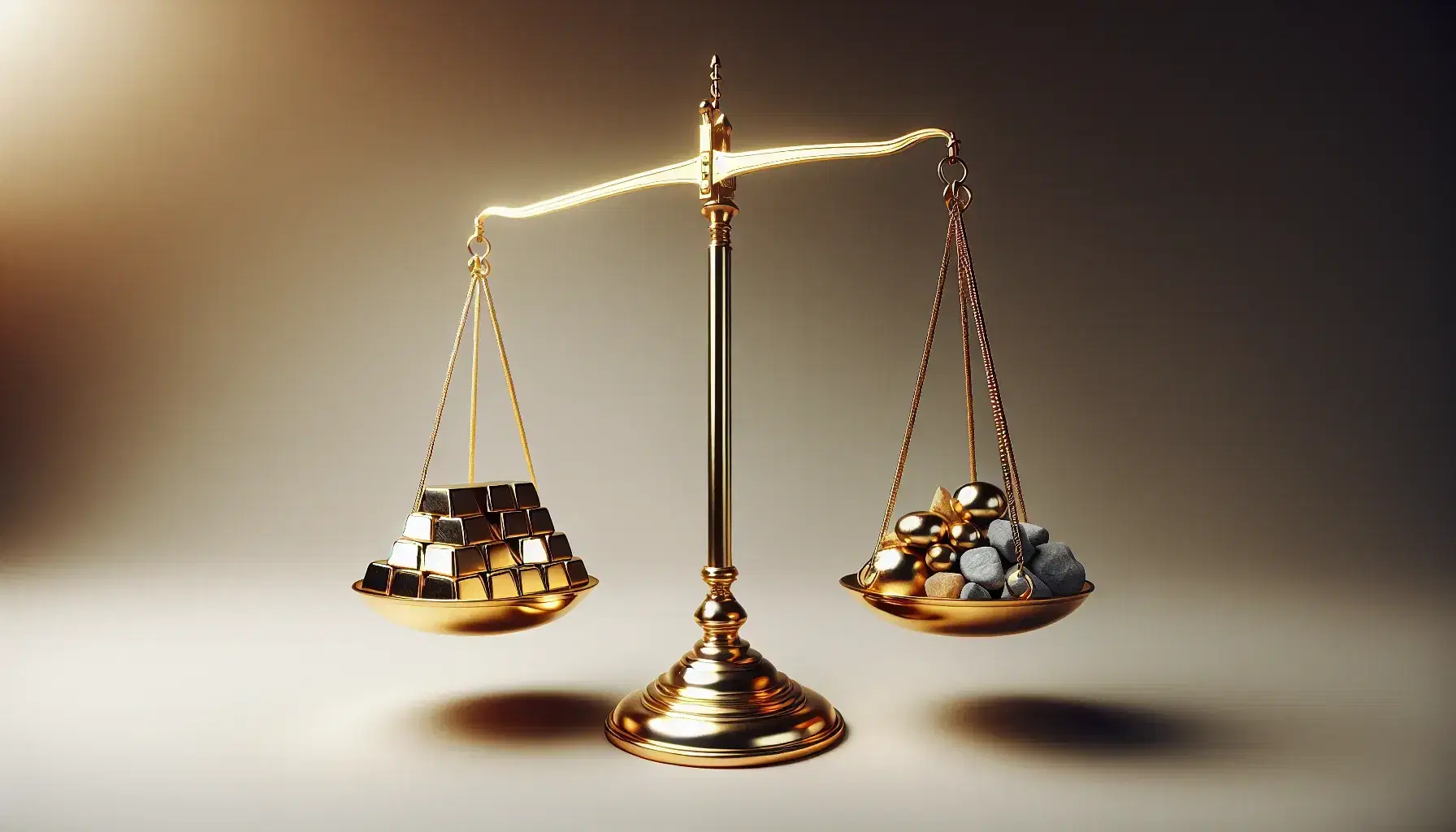 Balanced golden scale with gold bars on one pan and assorted natural stones on the other, symbolizing financial stability, against a gradient backdrop.