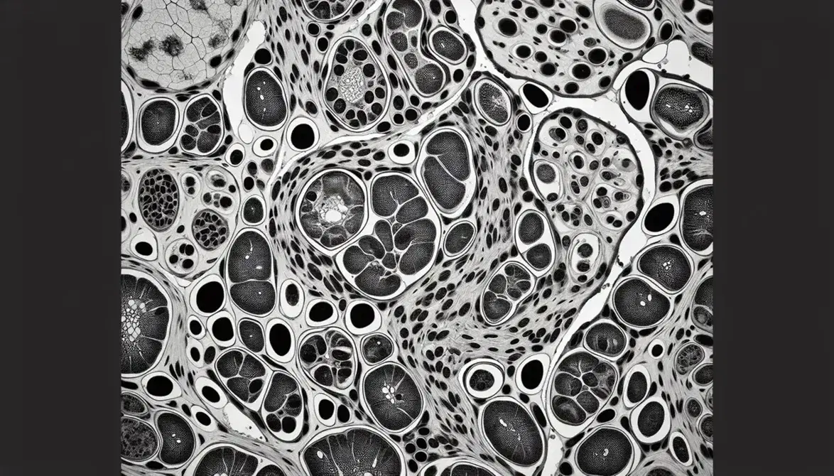 Sezione trasversale di tessuto epiteliale al microscopio elettronico, con cellule adiacenti, membrane ben definite, giunzioni strette e nuclei evidenti.