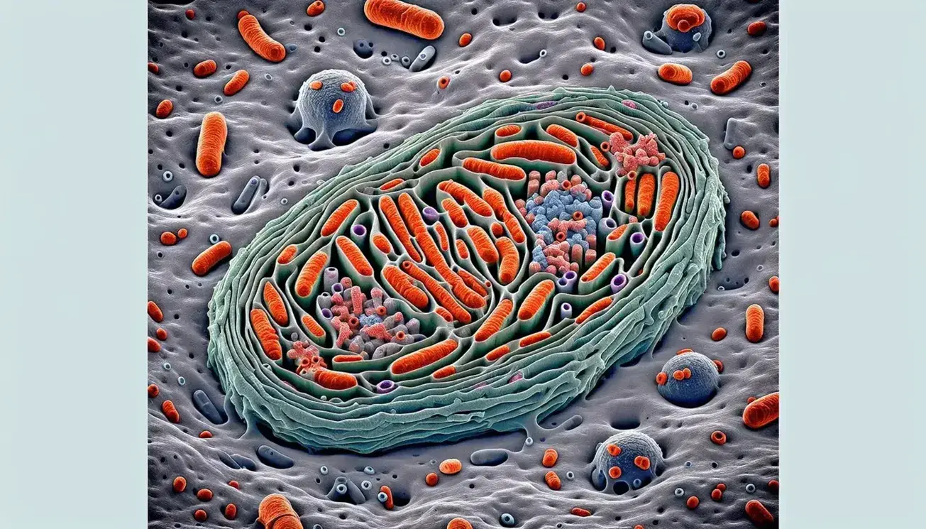 Micrografia elettronica a colori di una cellula eucariotica con mitocondri rossi, reticolo endoplasmatico blu, centrioli verdi e lisosomi gialli.
