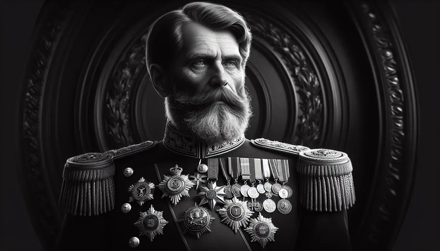 Ritratto in bianco e nero di anziano signore distinto in uniforme militare ornata con medaglie, barba piena e sguardo serio.