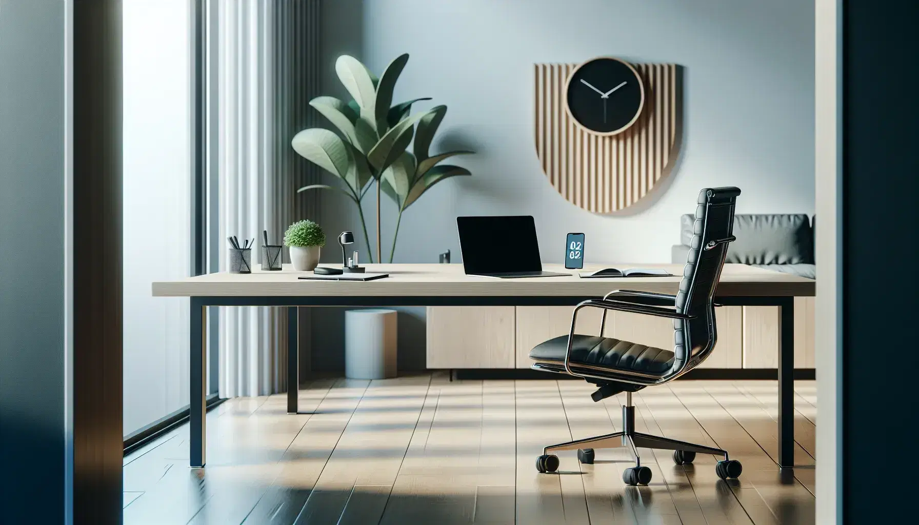 Oficina moderna y luminosa con mesa de madera, silla ergonómica negra, portátil, smartphone, libreta con bolígrafo y planta verde junto a ventana grande.