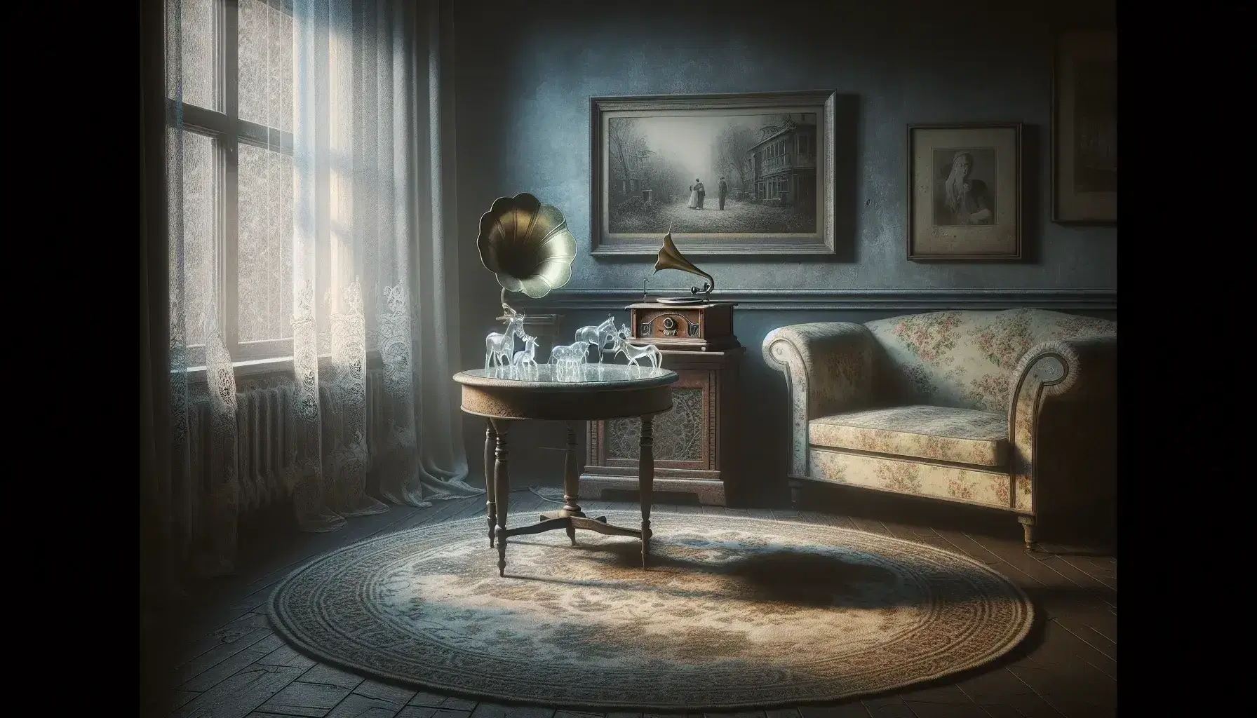 Vintage-style room with a round wooden table holding glass animal figurines, an old floral sofa, a window with lace curtains, and a classic phonograph.