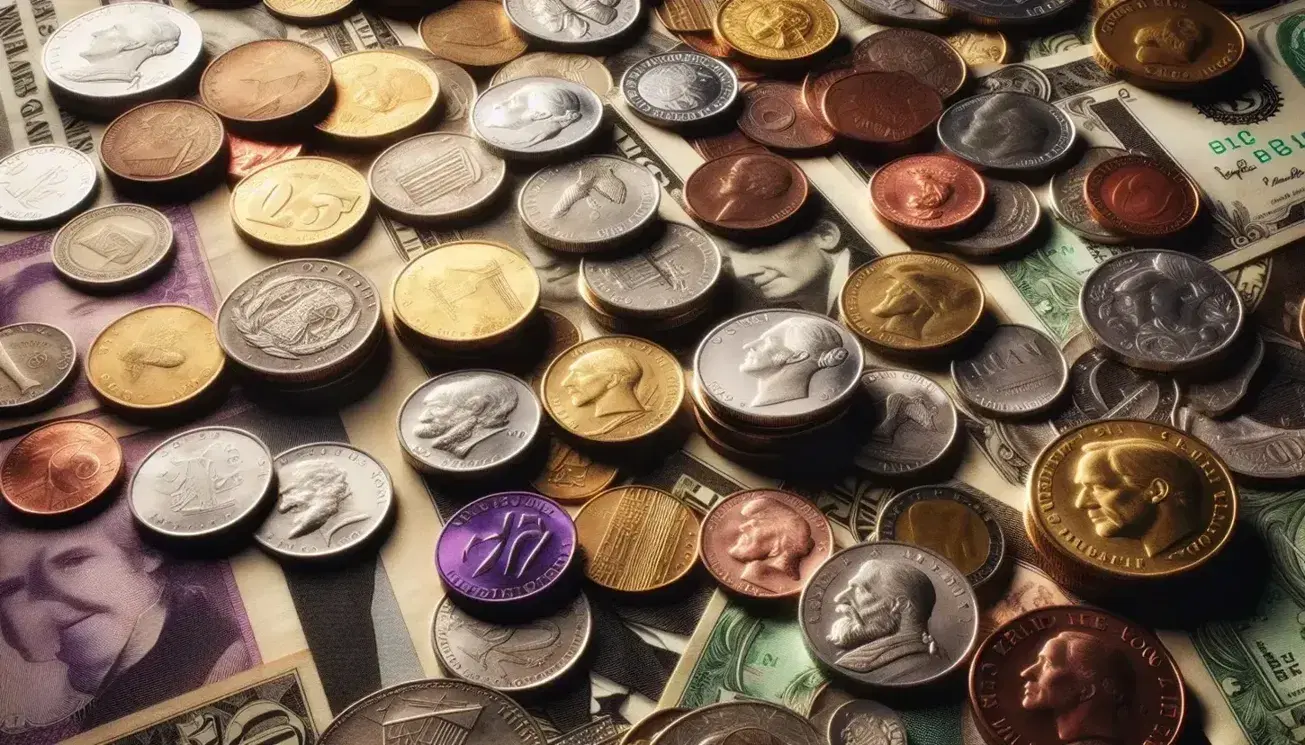 Colección variada de monedas y billetes internacionales de distintas denominaciones y colores, con diseños en relieve y sin texto legible.