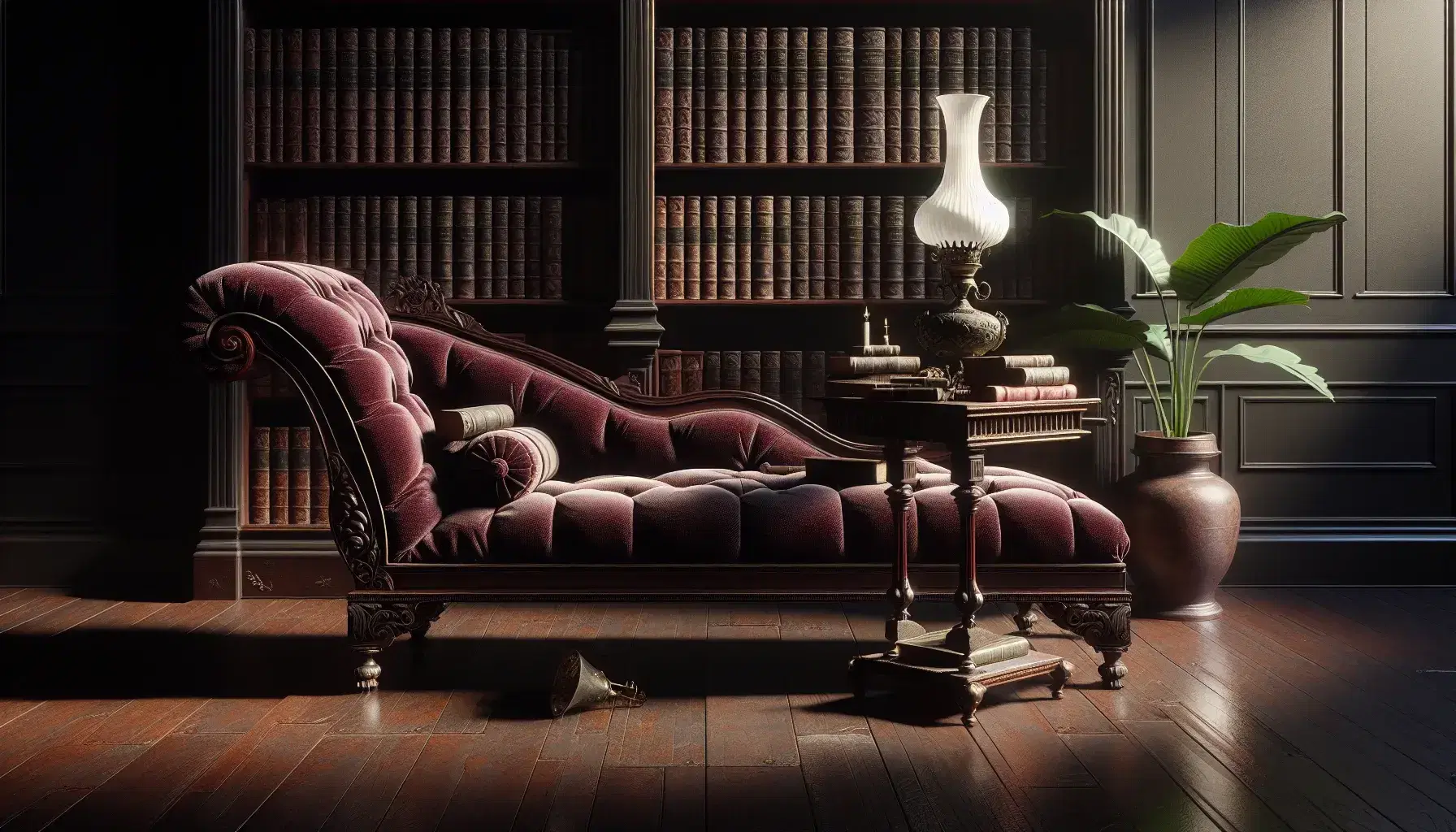 Victorian burgundy velvet chaise lounge on polished wooden floor, dark bookcase full of hardback books and antique oil lamp.