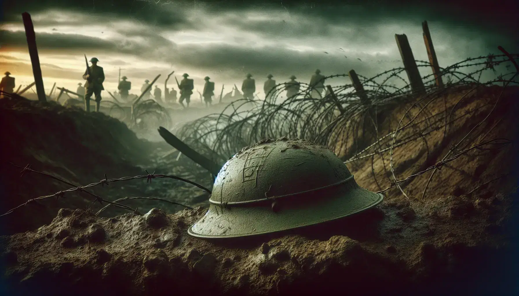 Casco militar de la Primera Guerra Mundial sobre suelo áspero con alambre de púas y siluetas de soldados en un cielo nublado al amanecer o atardecer.
