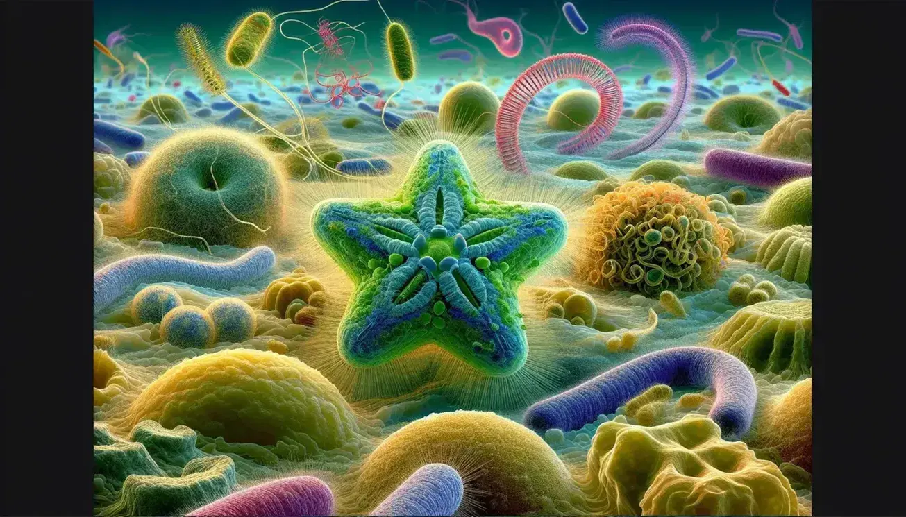 Vista microscópica de protistas coloridos, destacando uno estrellado con cilia, rodeado de esferas amarillas y estructuras rojas espirales en fondo degradado azul-verde.